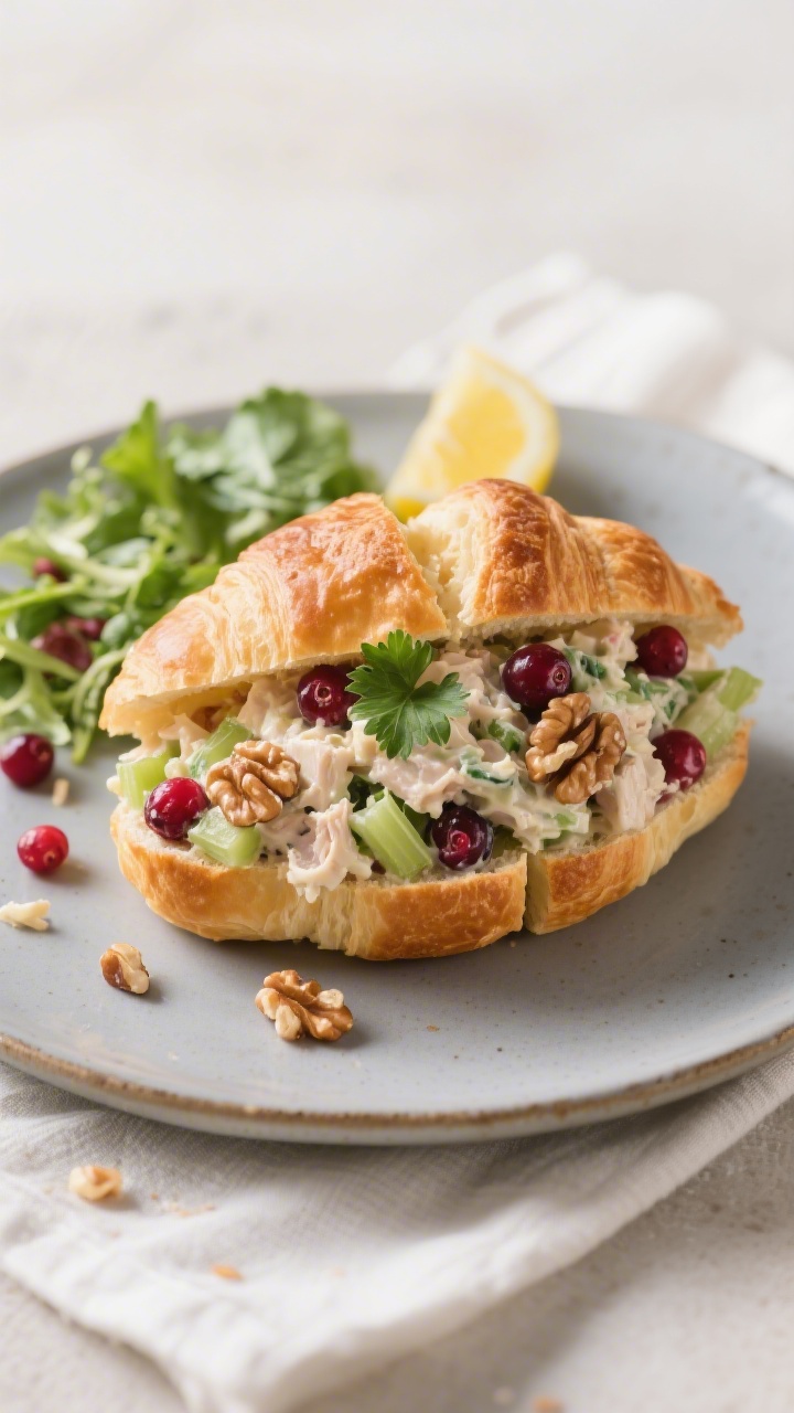 Final dish presentation: Deli-style cranberry chicken salad sandwich on a split, lightly toasted cro