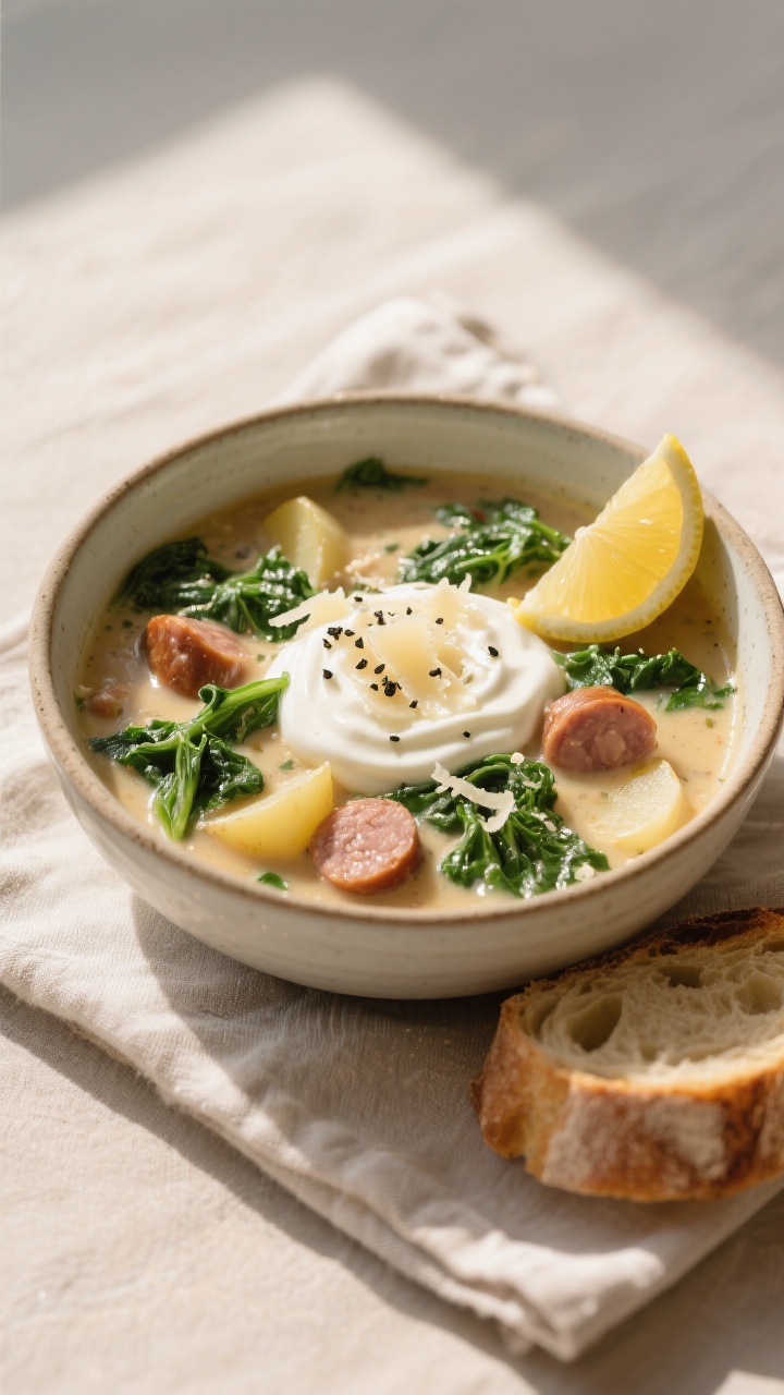 Final dish presentation: Restaurant-quality bowl of Zuppa Toscana, silky lightly creamy broth with r