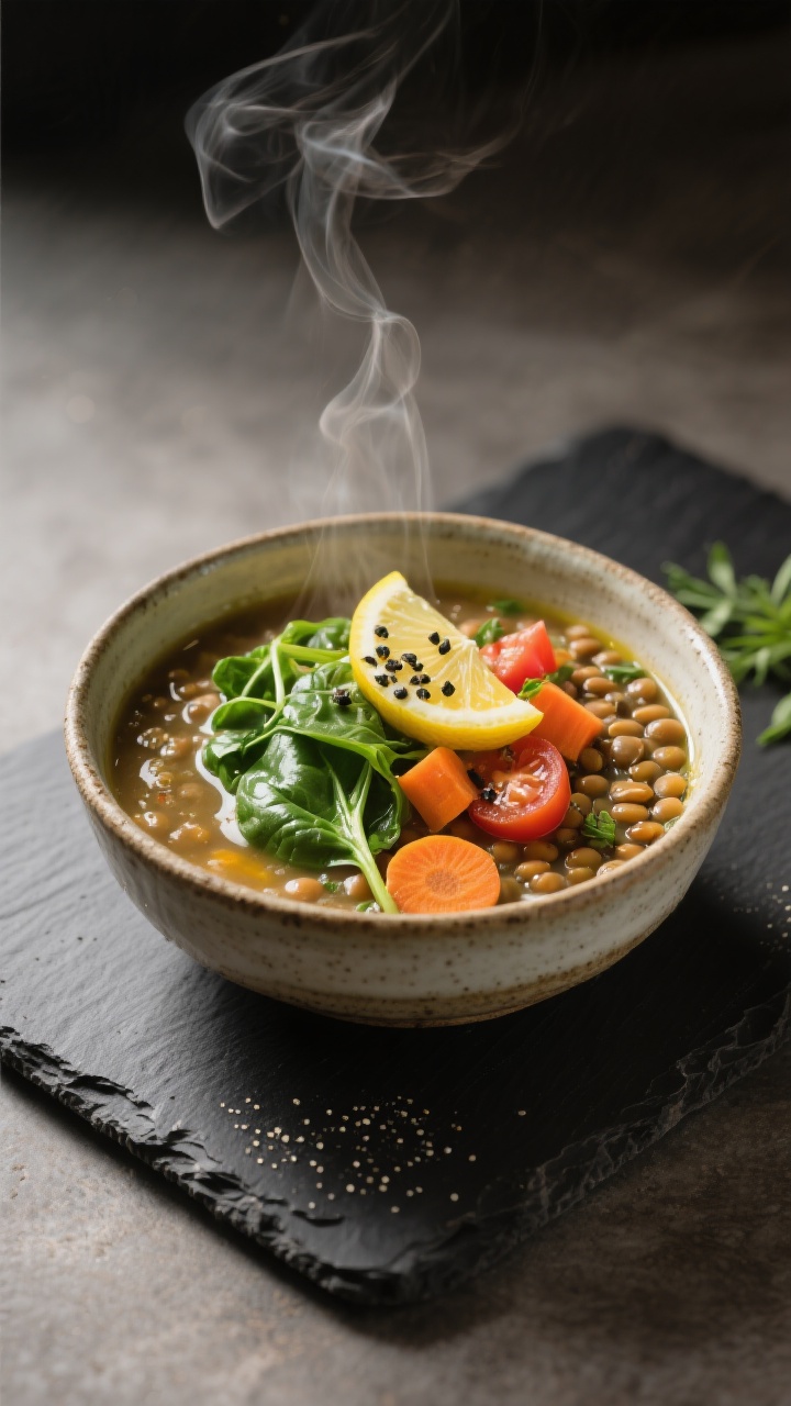 Final dish presentation: Restaurant-quality bowl of herby lemon lentil soup with baby spinach just w