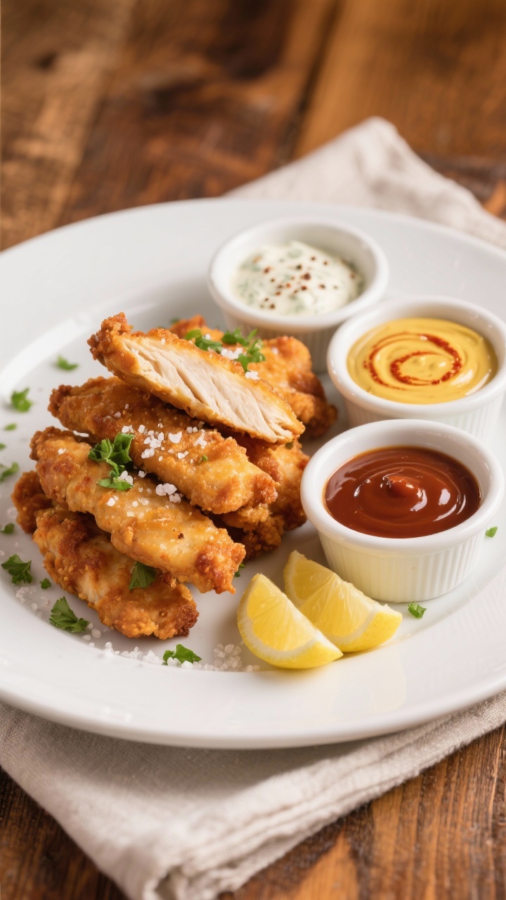 Final dish presentation: Restaurant-quality plate of chicken strips stacked for height on a white ce