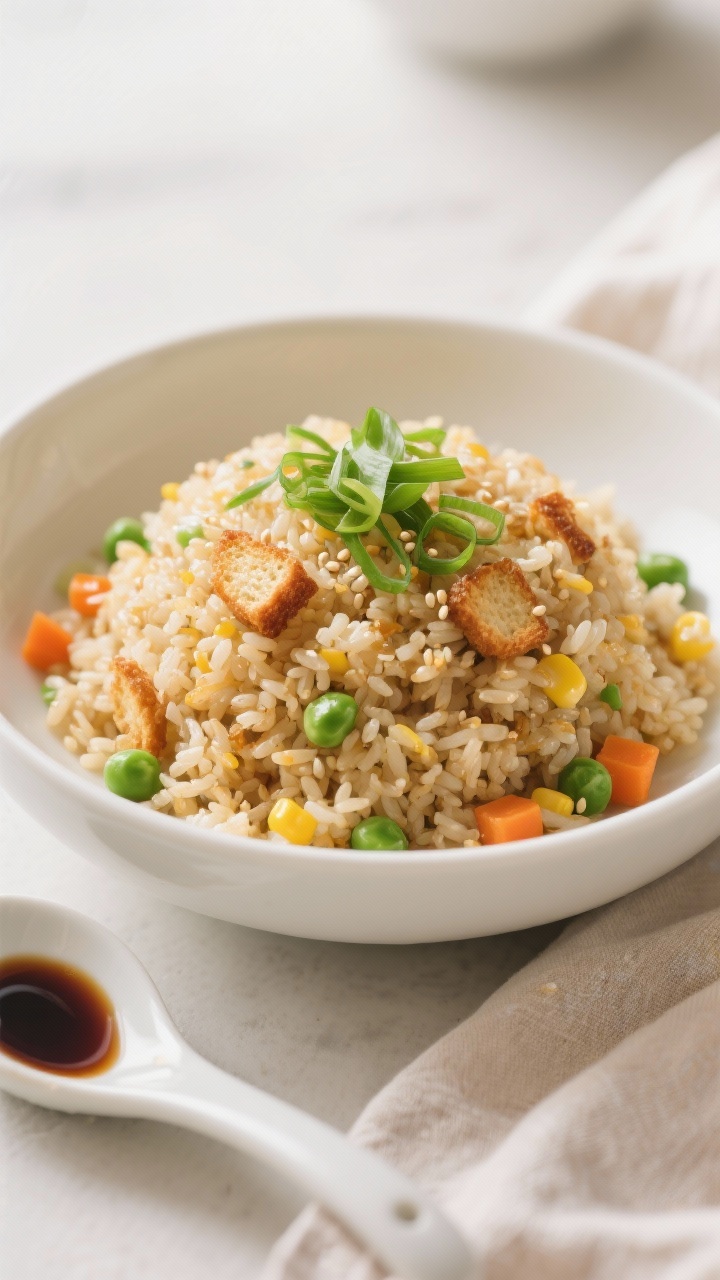 Final dish presentation: Restaurant-quality plate of Easy Chinese Fried Rice mounded in a shallow wh