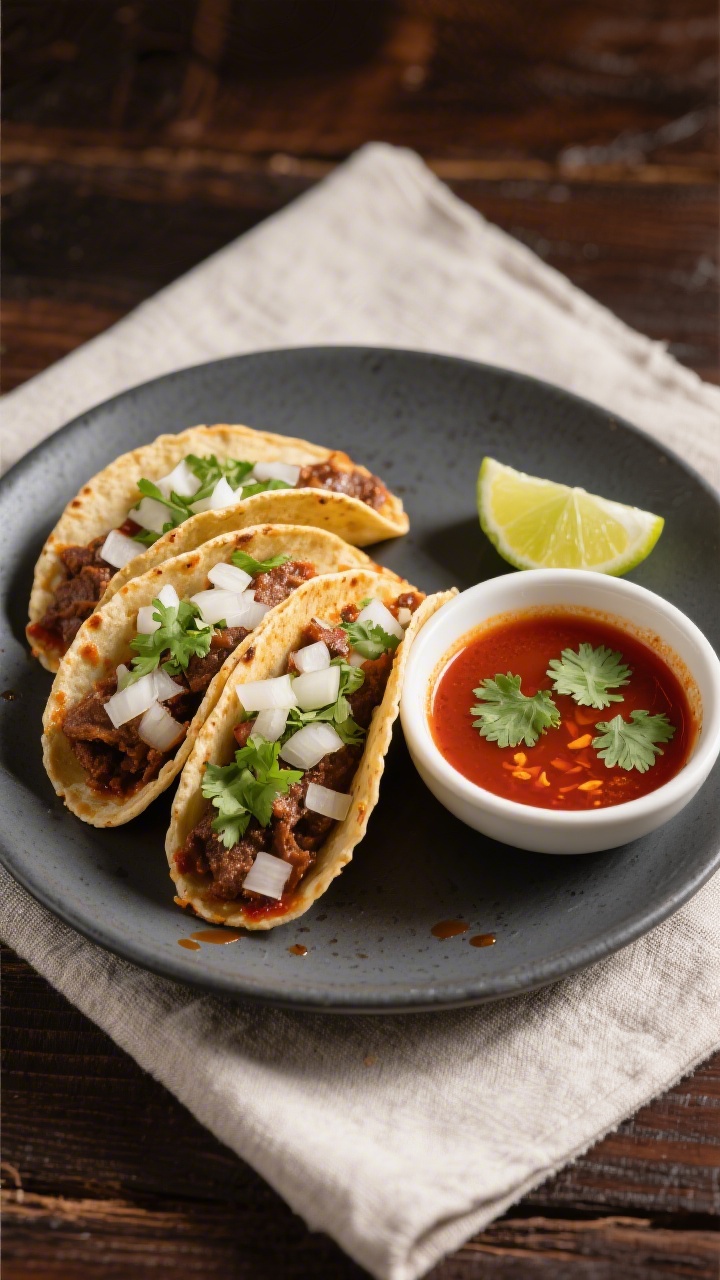 Final dish presentation: Restaurant-quality plate-up of three birria tacos arranged in a fan on a ma