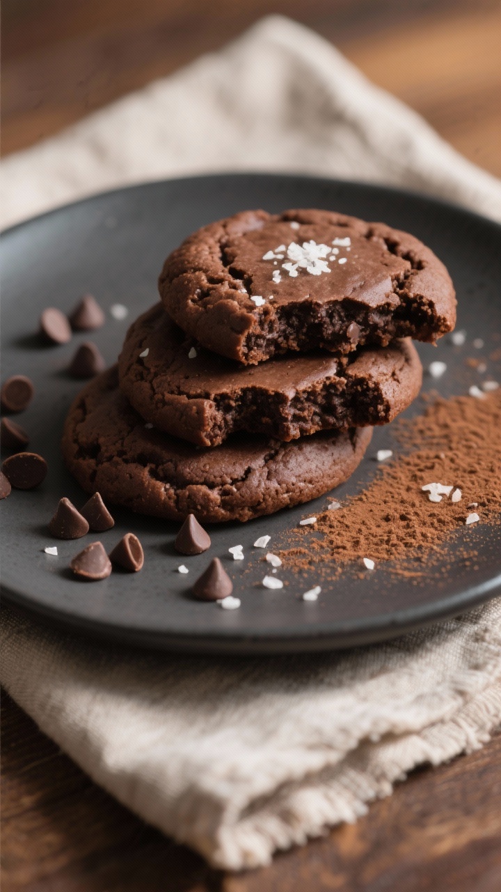 Final dish presentation: Restaurant-quality plate of three keto flourless fudge cookies stacked and