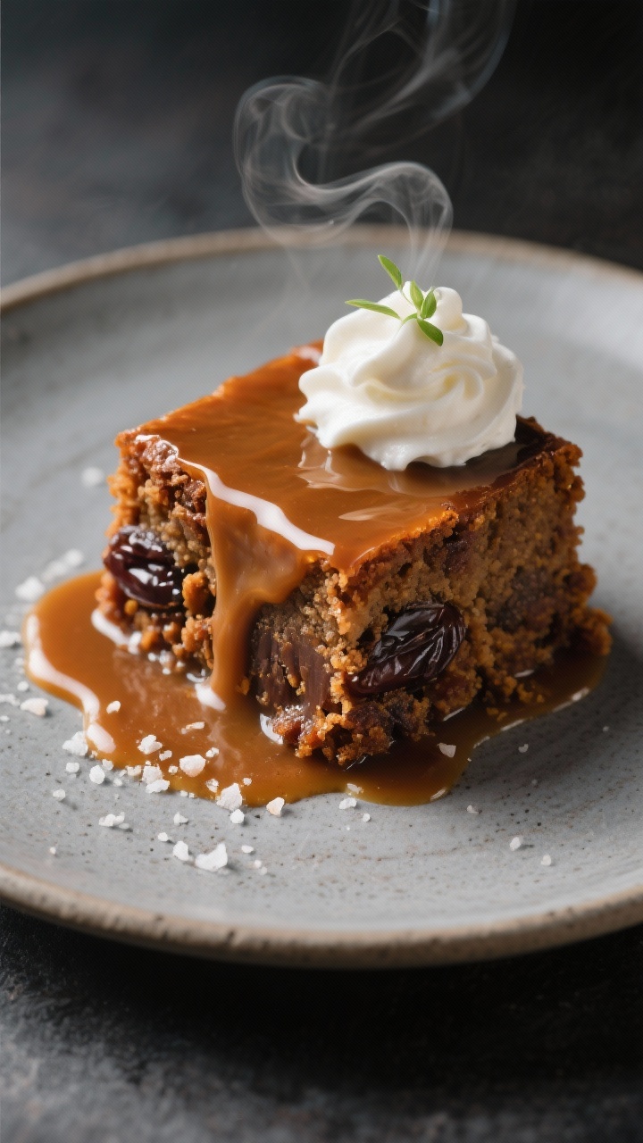 Final dish presentation: Restaurant-quality plate-up of a square of sticky toffee pudding on a matte