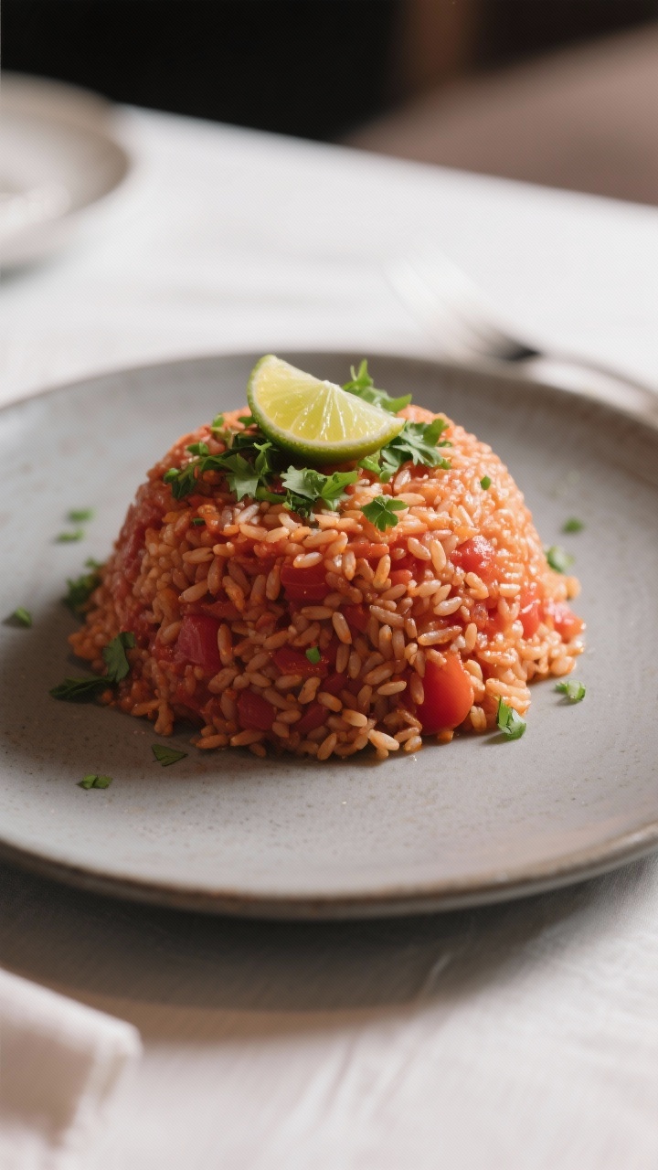 Final dish presentation: Restaurant-quality plated Mexican rice molded into a neat dome on a matte c