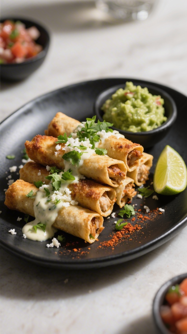 Final dish presentation: Restaurant-quality plating of a stack of pan-fried chicken taquitos on a ma