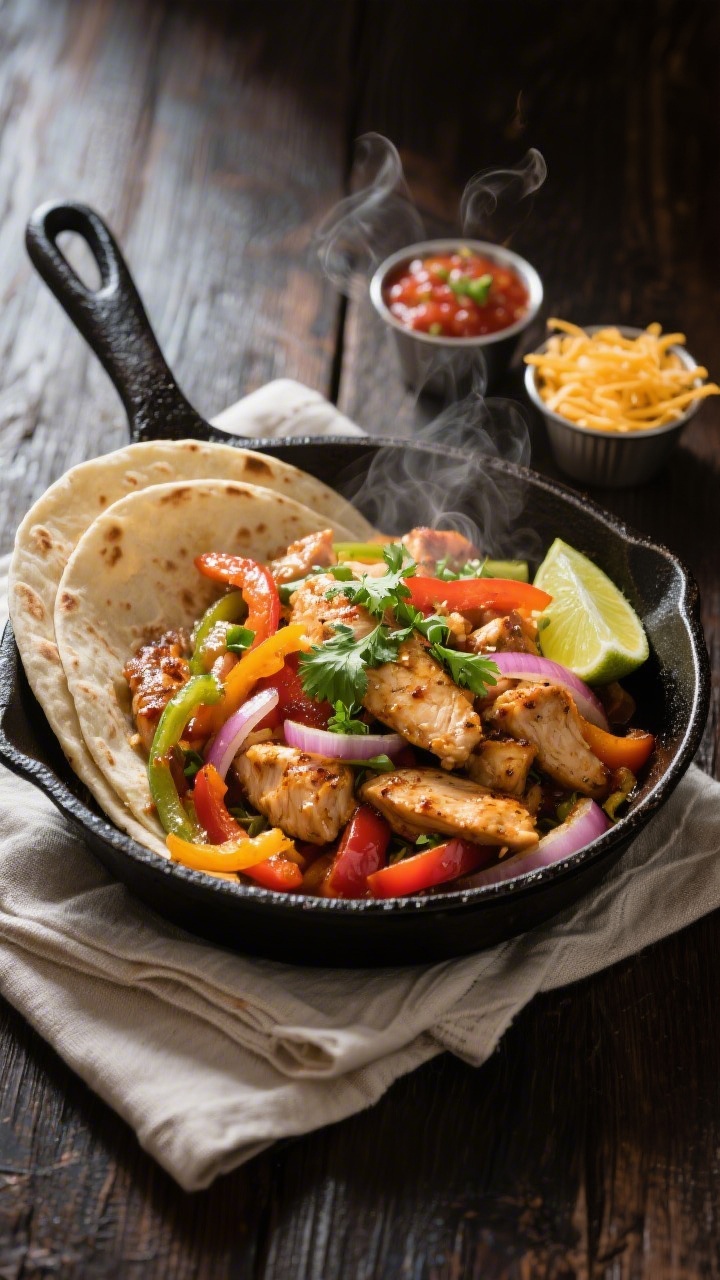 Final dish presentation — Restaurant-style sizzle platter: Beautifully plated chicken fajitas serv