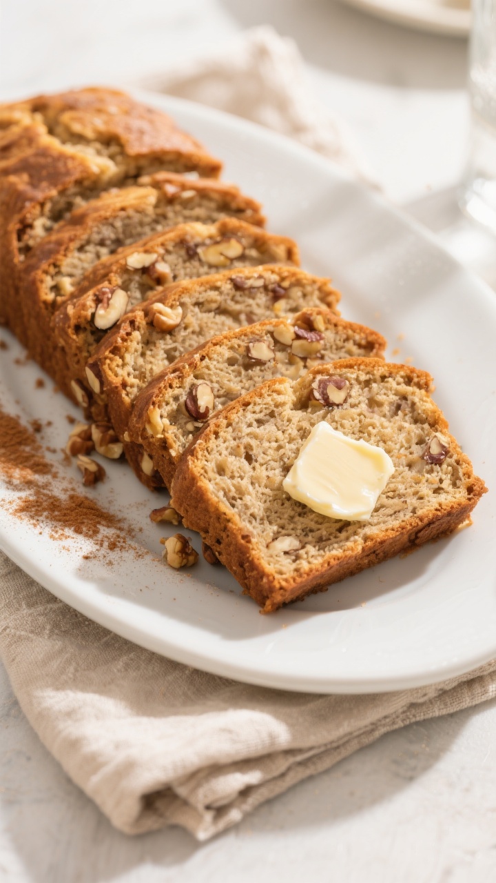 Final dish presentation: Sliced banana nut bread on a matte white oval platter, 5–6 even slices fa