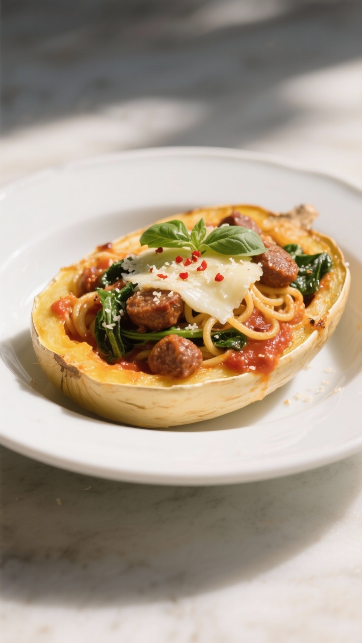 Final dish variation spotlight: Italian-style spaghetti squash bowl plated in-shell on a white ceram