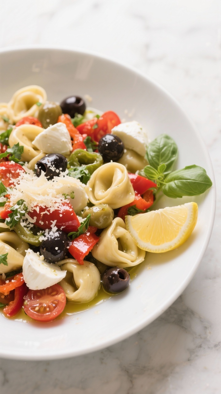 Final plated dish: of the finished Italian tortellini pasta salad in a wide white ceramic serving bo