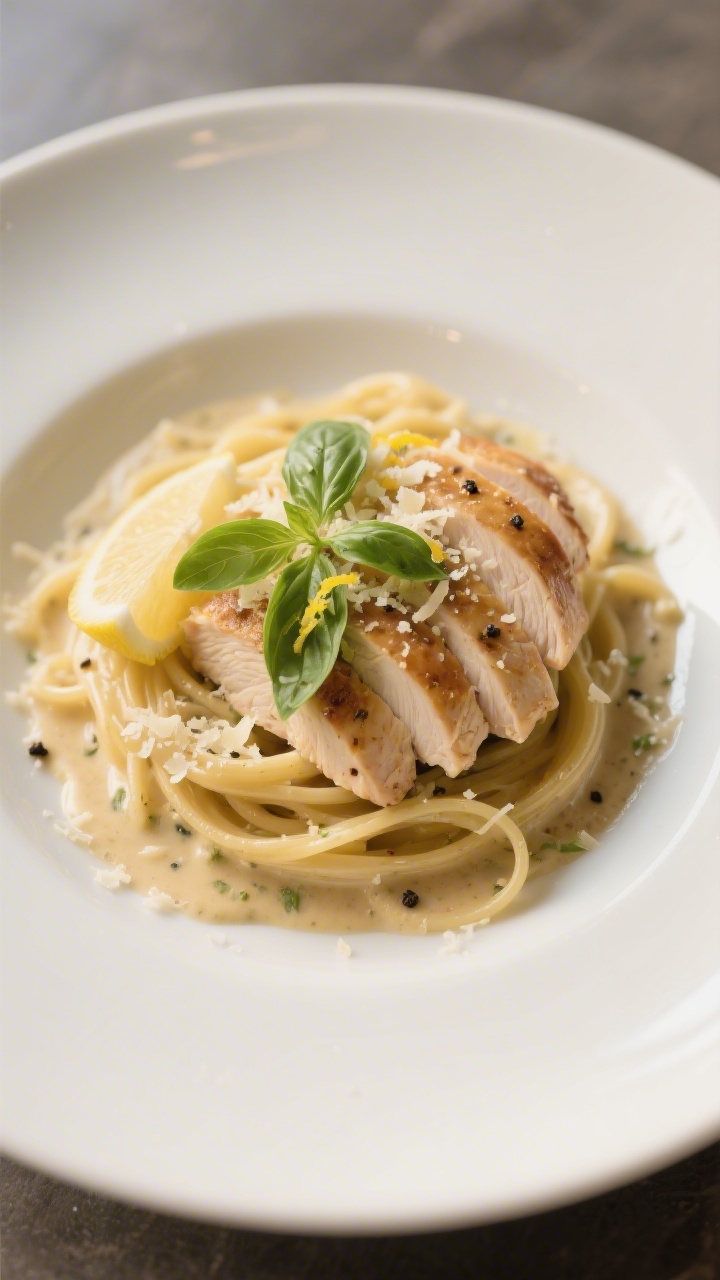 Final plated dish: Restaurant-quality single serving—sliced chicken fanned over al dente pasta and