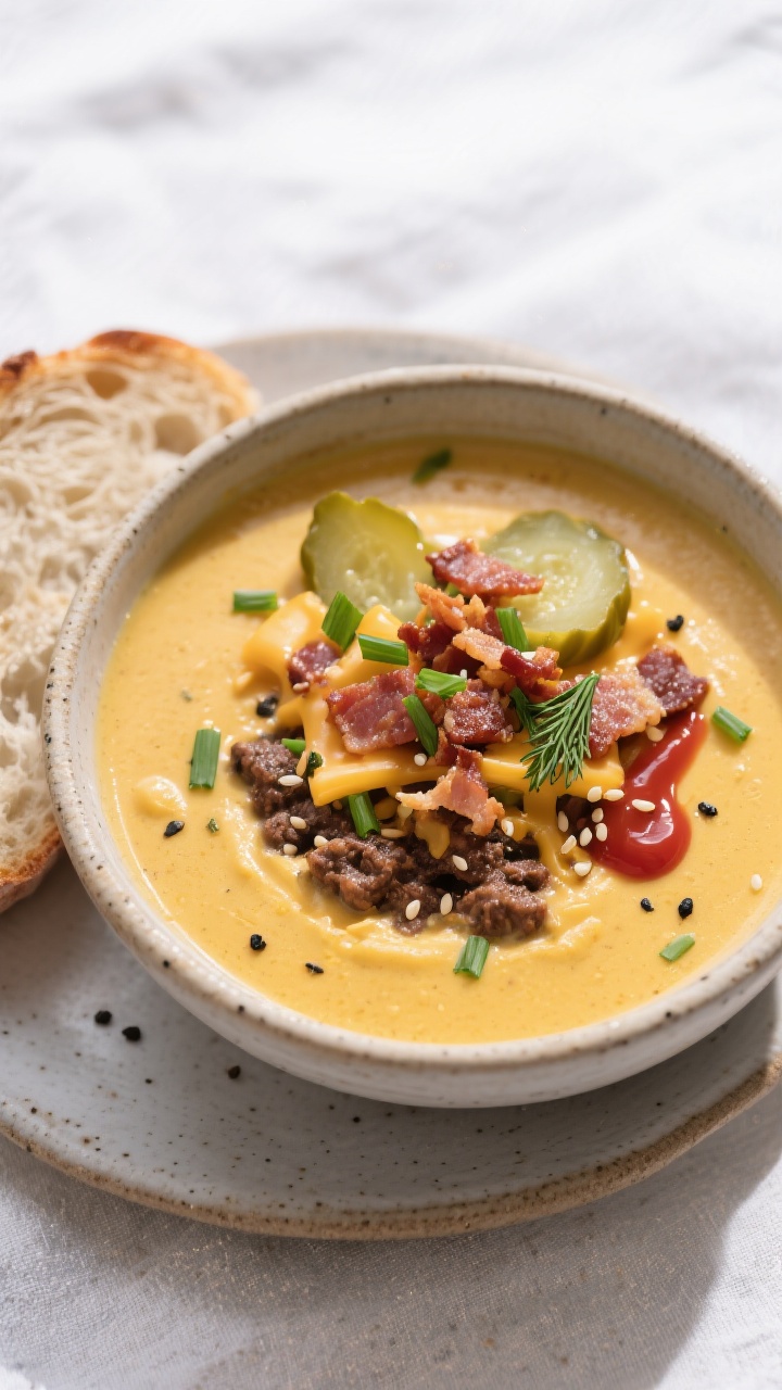 Tasty top view — Bowl with burger-style toppings: Overhead shot of a generously filled ceramic bow