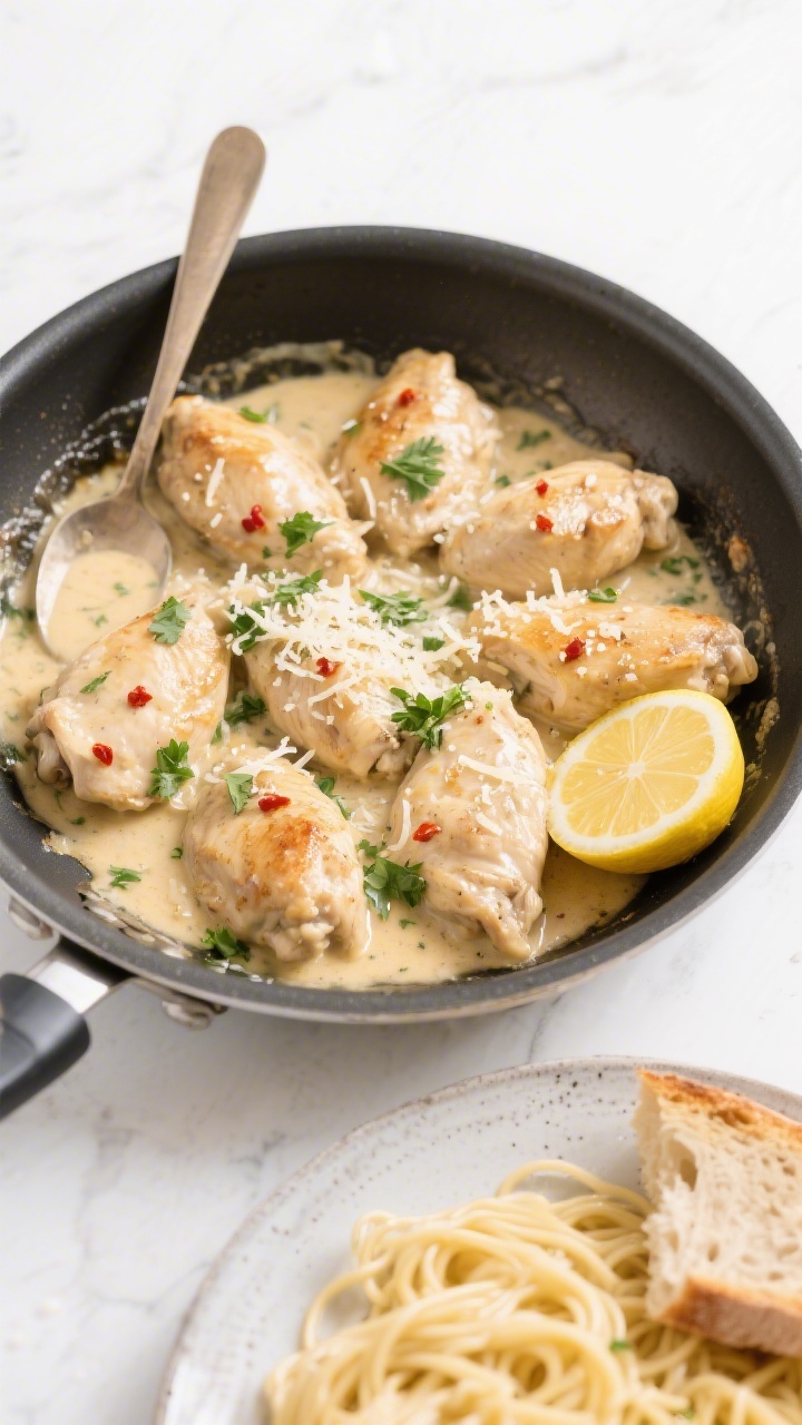 Tasty top view: Final skillet presentation of creamy garlic chicken, overhead, with chicken pieces e