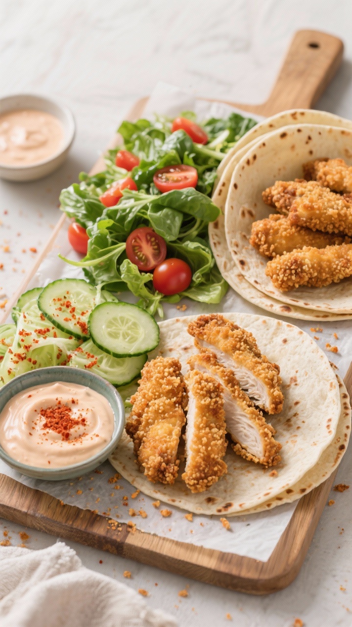 Tasty top view: Overhead board-style spread for weeknight serving—air-fried chicken strips nestled