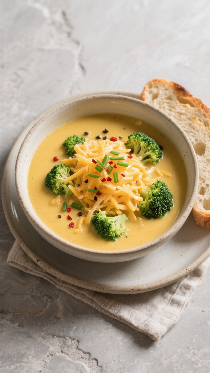 Tasty top view: Overhead bowl of finished broccoli cheddar soup, rich golden hue with green broccoli