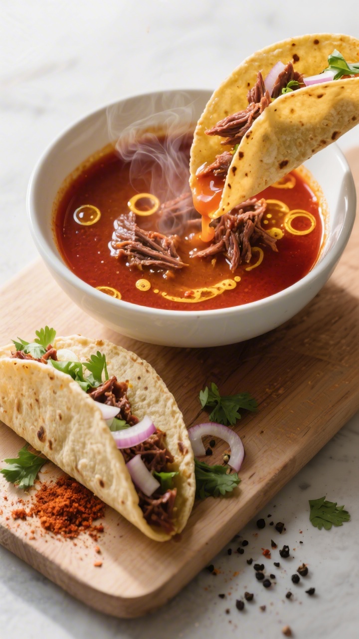 Tasty top view: Overhead bowl of steaming consomé with vibrant red-brown hue, a few shredded beef s
