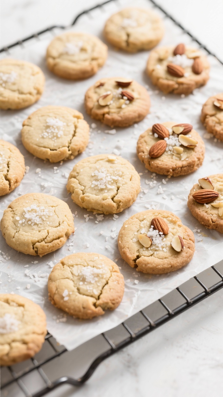 Tasty top view: Overhead hero shot of a cooling rack filled with finished cookies—some plain, some
