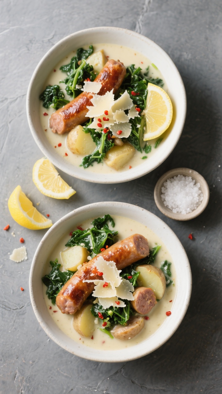 Tasty top view: Overhead hero shot of two bowls of Zuppa Toscana on a matte slate surface, showcasin