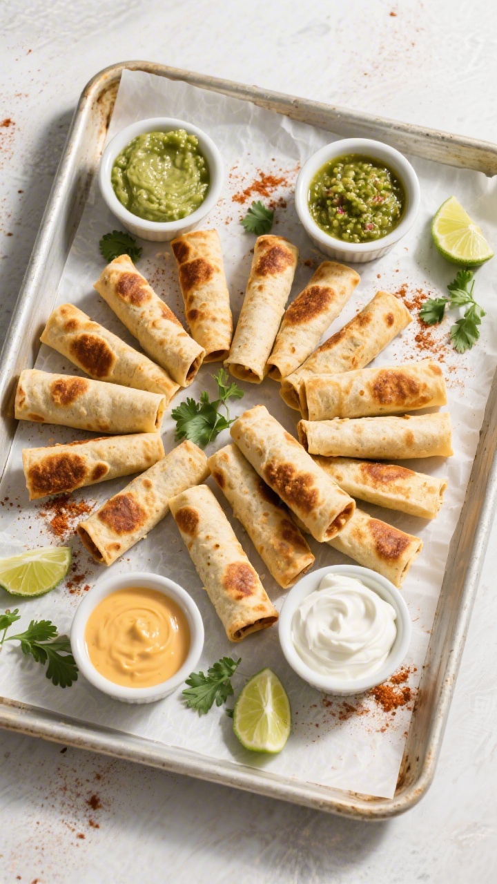 Tasty top view: Overhead party-style spread of baked taquitos arranged in a fan on a parchment-lined