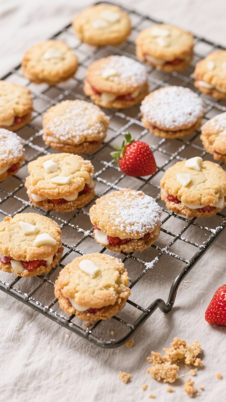 Tasty top view: Overhead shot of a cooling rack filled with finished strawberry crunch shortcake coo