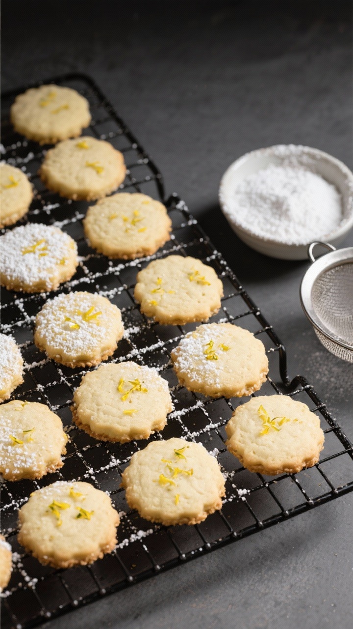 Tasty top view: Overhead shot of a cooling rack filled with baked lemon sugar cookies, some lightly