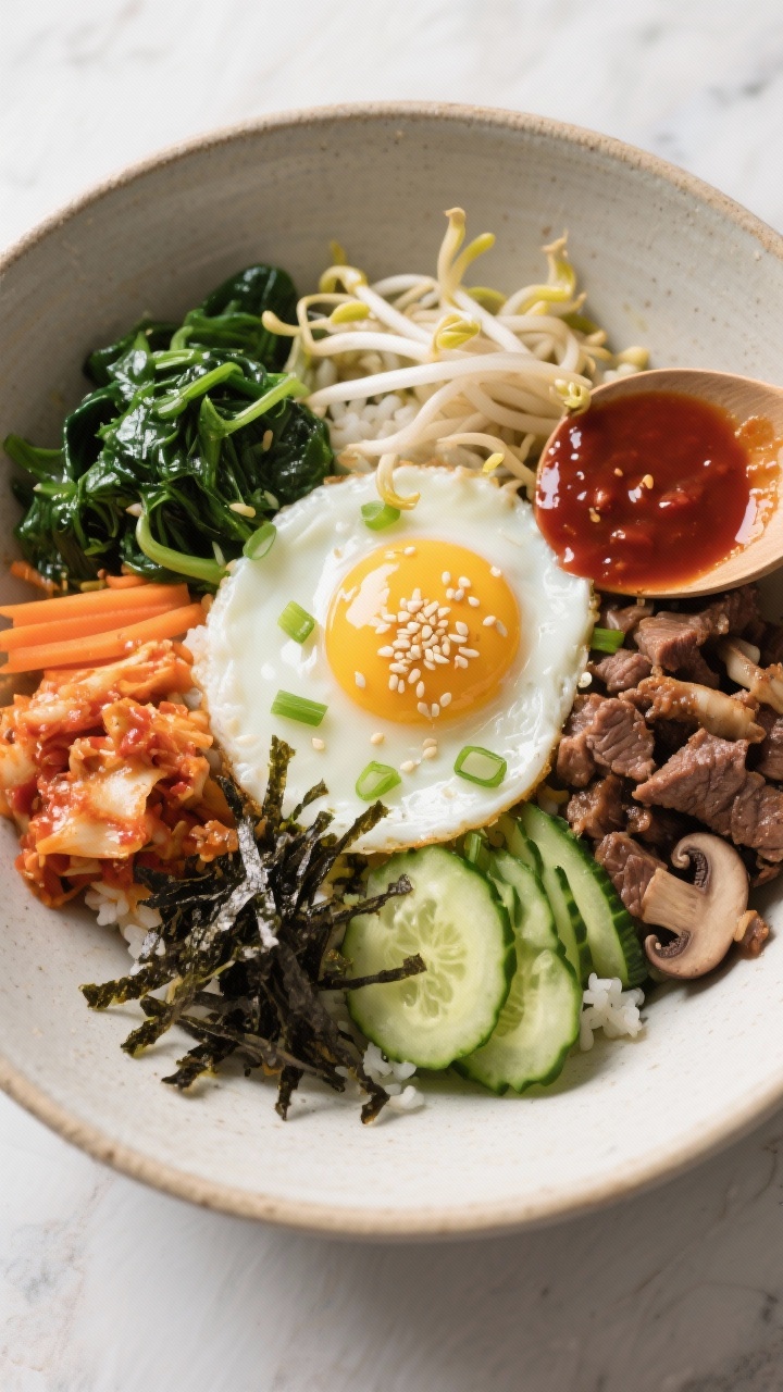 Tasty top view: Overhead shot of assembled bibimbap in a wide, shallow bowl—distinct piles of seas