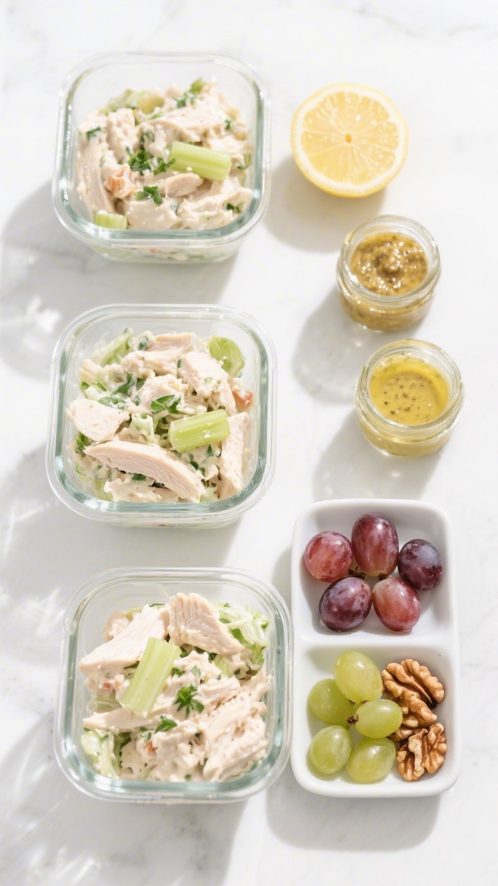 Tasty top view: Overhead shot of chicken salad meal-prep layout—four small glass containers filled