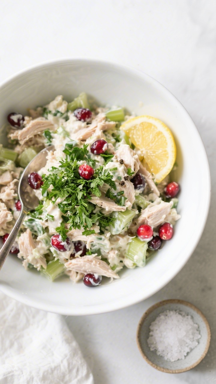 Tasty top view: Overhead shot of cranberry chicken salad assembled and resting in a wide white mixin