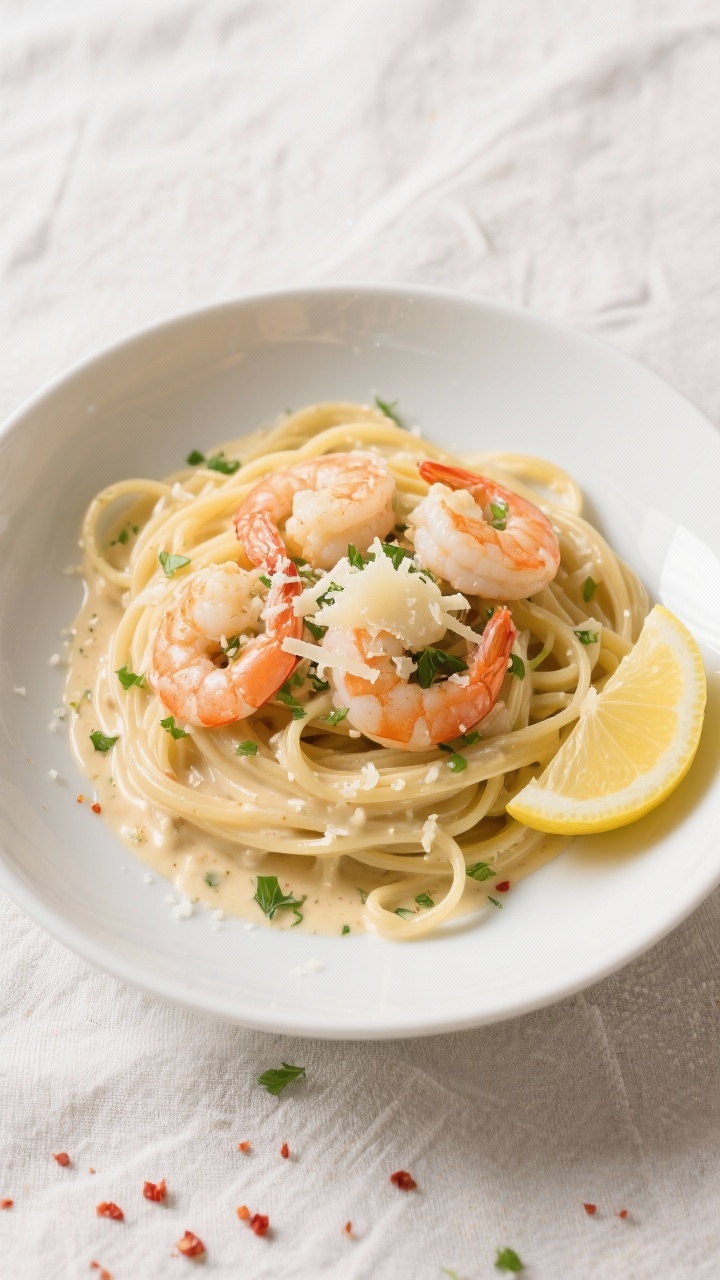 Tasty top view: Overhead shot of creamy garlic shrimp served over al dente linguine, sauce pooling a