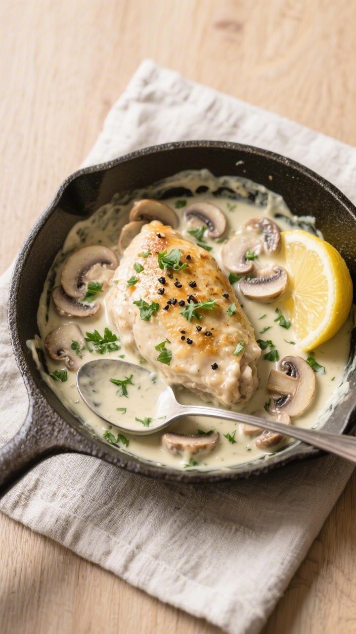 Tasty top view: Overhead shot of creamy ranch chicken nestled in the skillet, sauce thick enough to