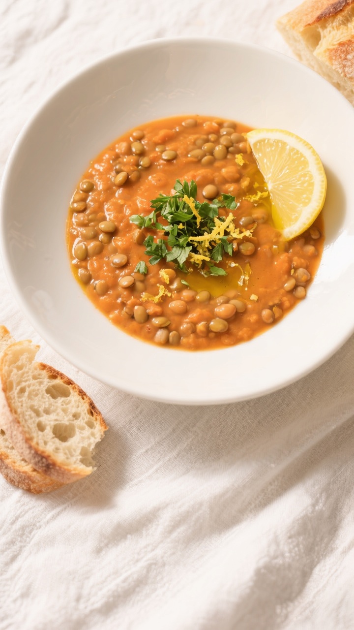 Tasty top view: Overhead shot of finished lentil soup in a wide, white bowl, creamy-chunky texture f