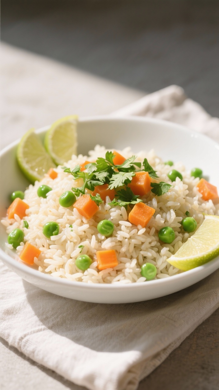 Tasty top view: Overhead shot of finished Mexican rice fluffed in a wide, shallow white serving bowl