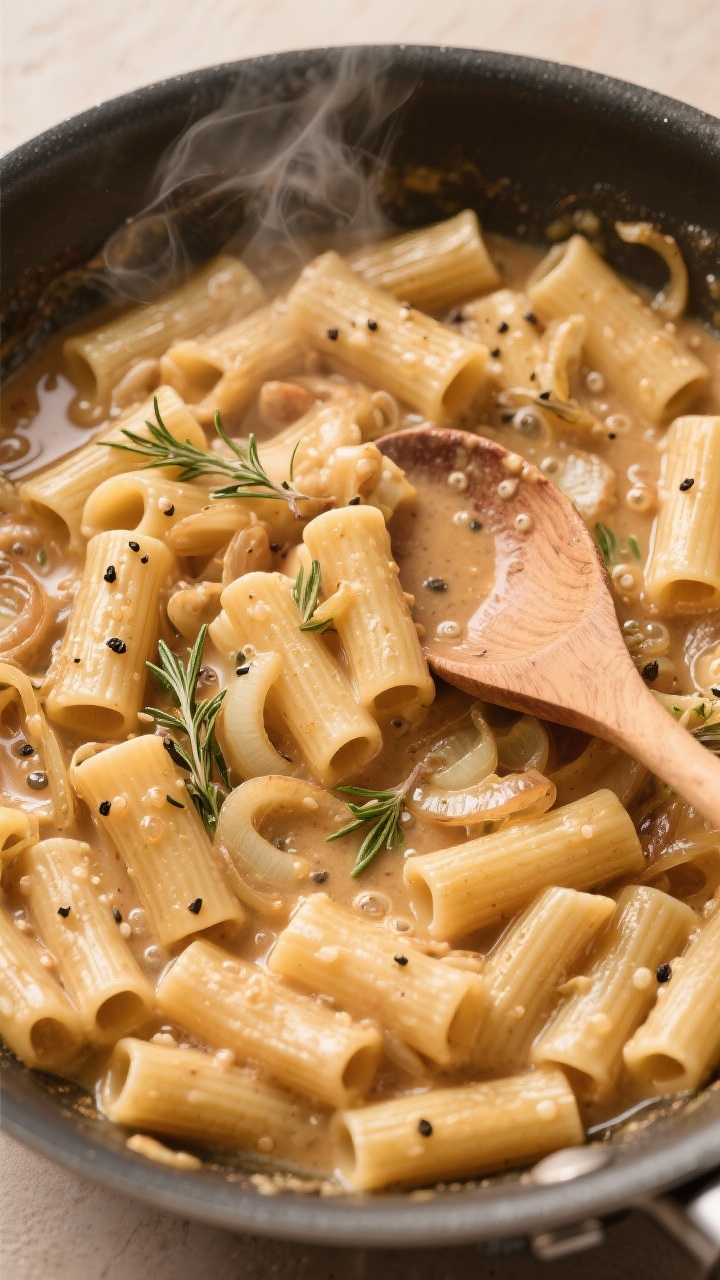 Tasty top view: Overhead shot of French Onion Pasta mid-simmer in a large sauté pan, rigatoni nestl