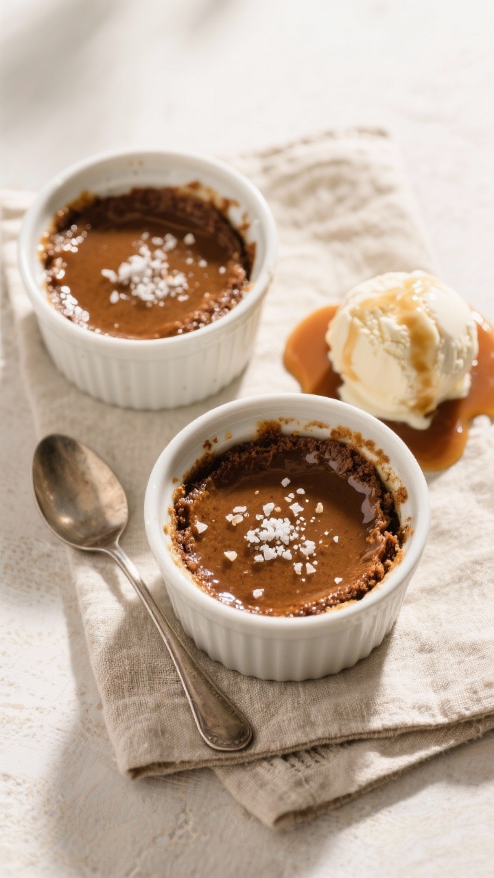 Tasty top view: Overhead shot of individual sticky toffee puddings baked in ramekins, each drenched