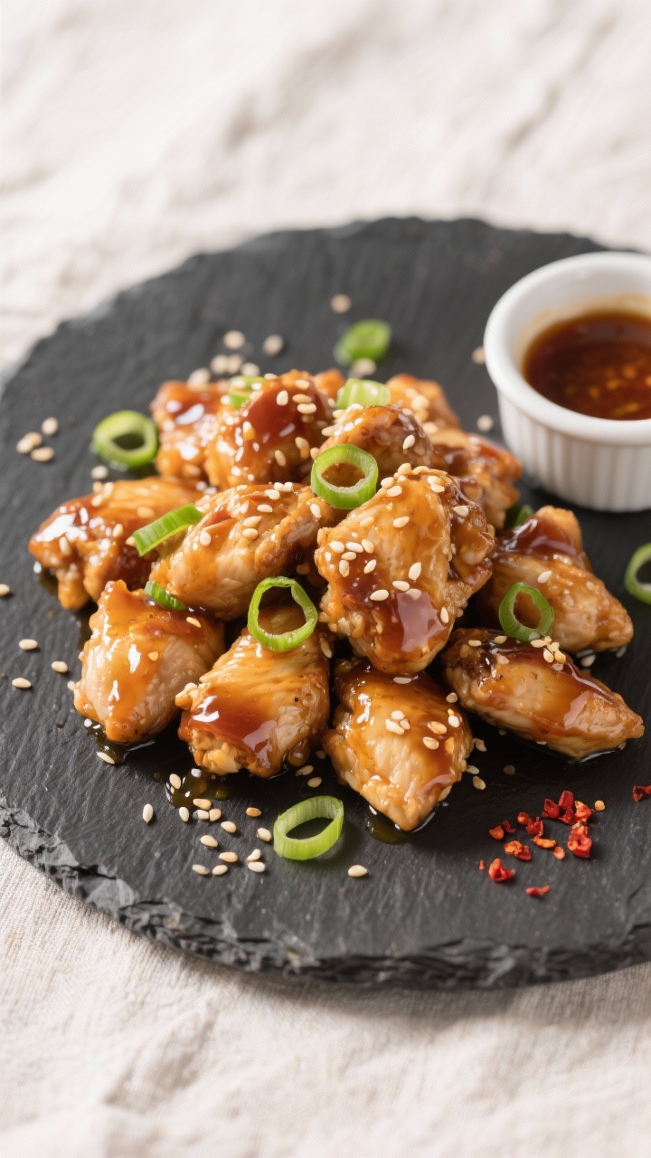 Tasty top view: Overhead shot of sticky honey garlic chicken bites piled on a dark slate plate for c