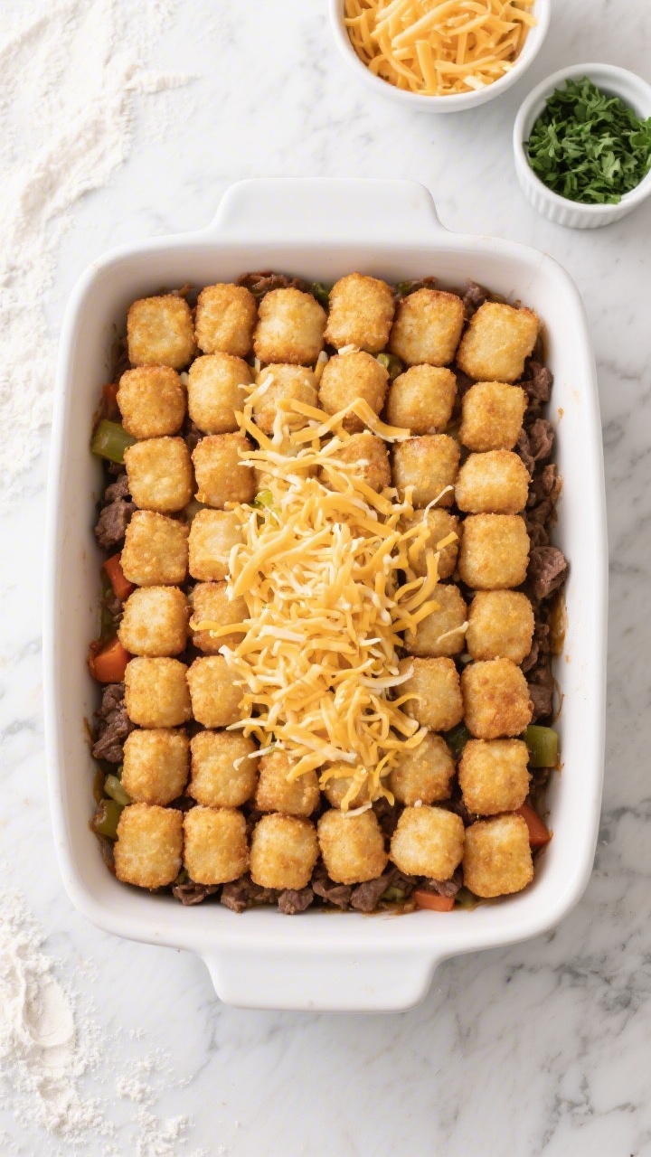 Tasty top view: Overhead shot of the assembled casserole in a 9x13 baking dish, perfectly aligned si
