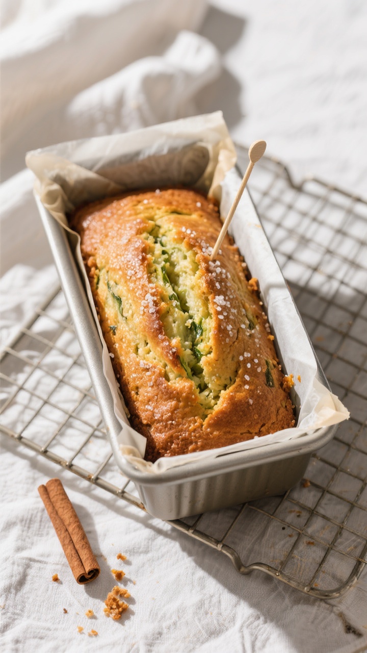 Tasty top view: Overhead shot of the baked zucchini bread still in its parchment-lined 9x5 loaf pan,