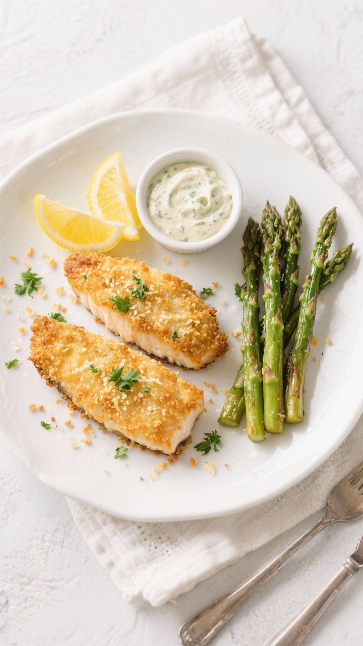 Tasty top view: Overhead shot of the final plated Crispy Air Fryer Parmesan Cod on a white ceramic p