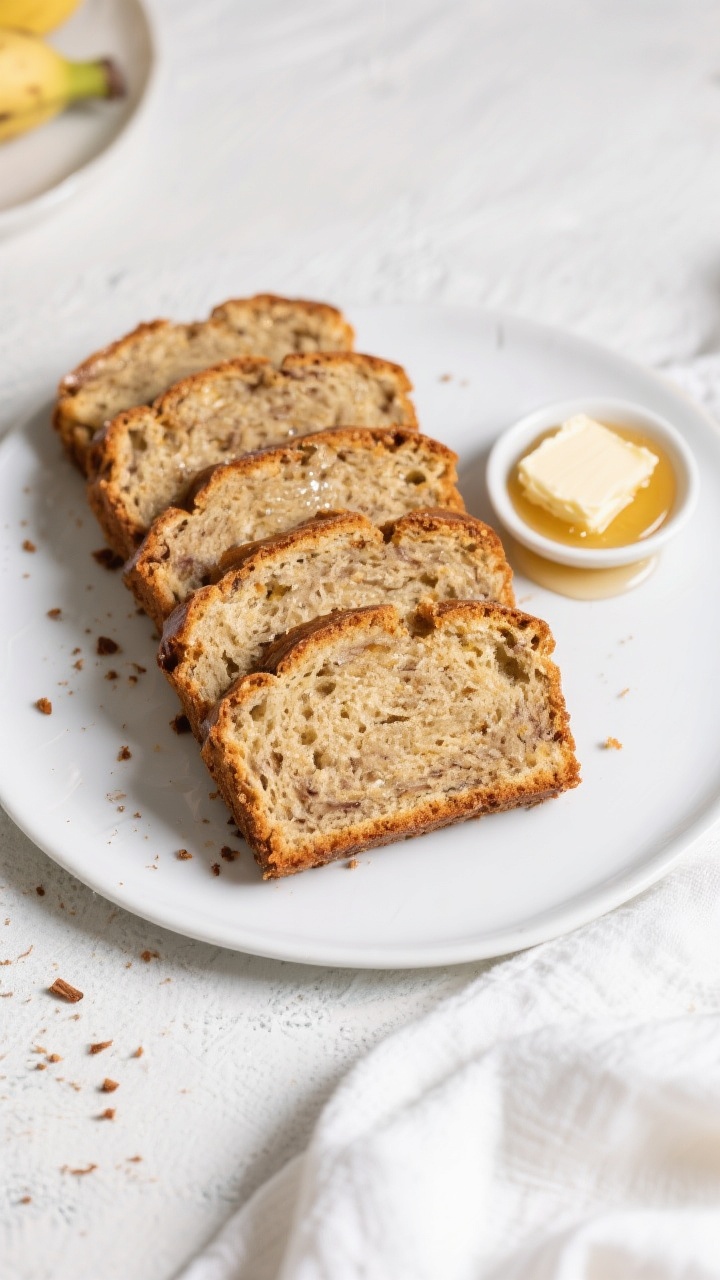 Tasty top view: Overhead shot of thick, even slices of banana bread laid slightly fanned on a matte
