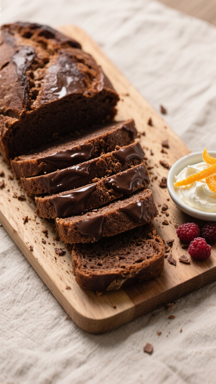 Tasty top view: Sliced chocolate sourdough on a wooden board, overhead composition showing a neat fa