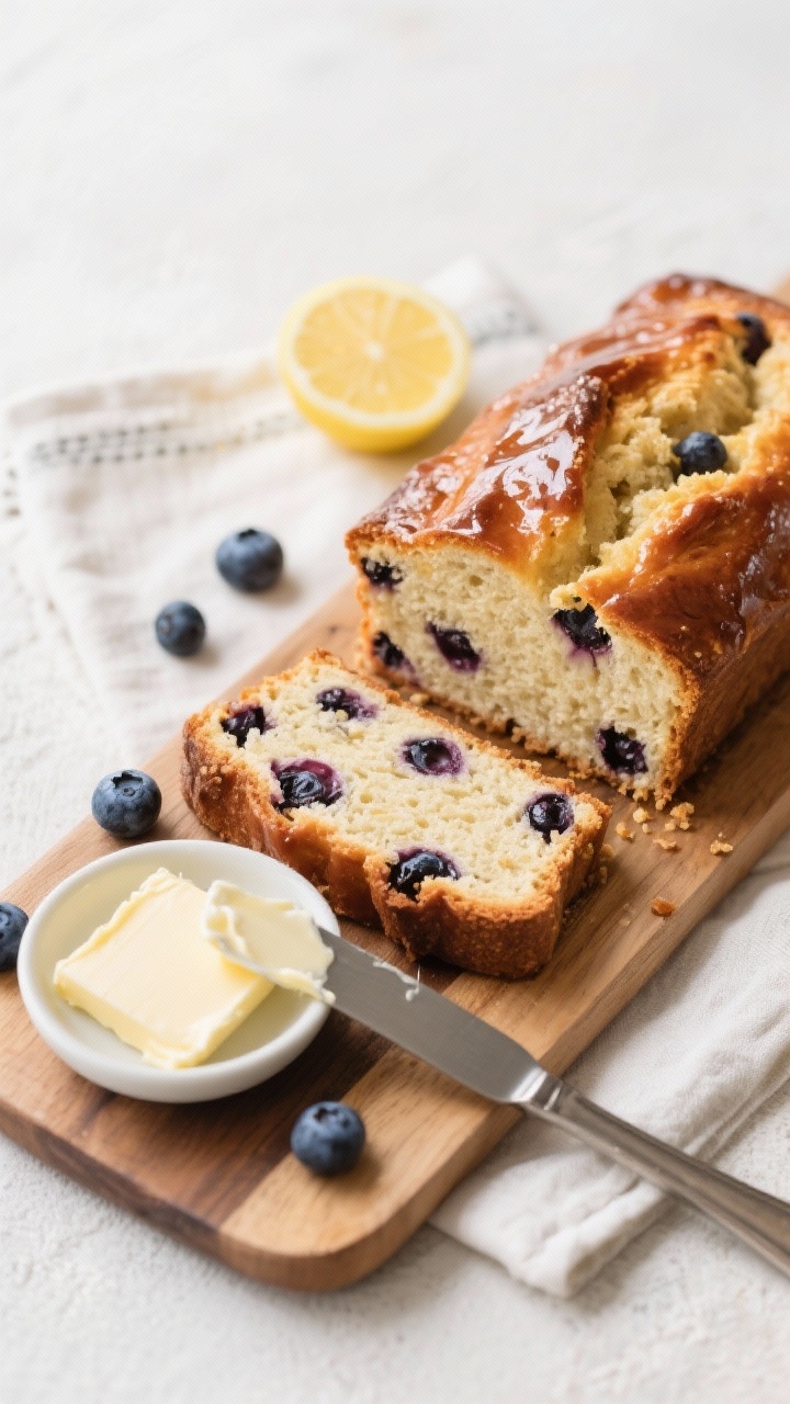 Tasty top view: Top-down brunch scene featuring the whole glazed loaf partially sliced on a wooden b