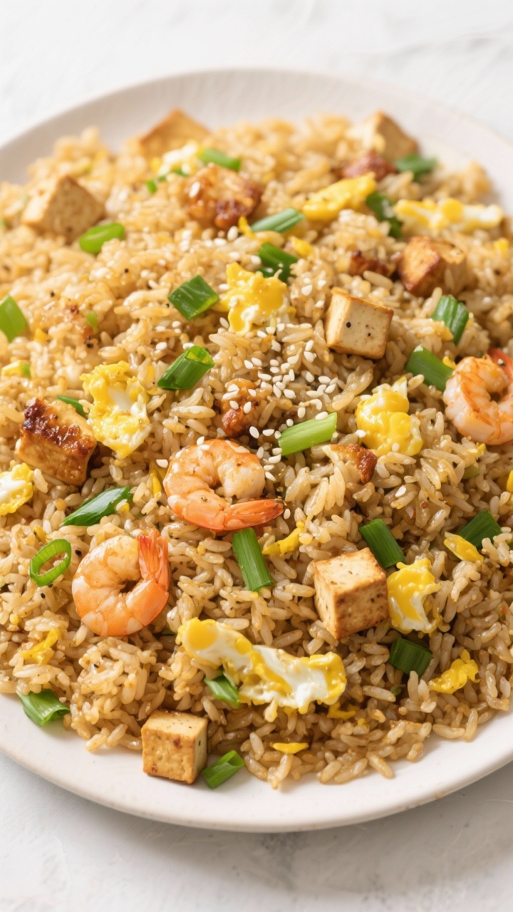 Tasty top view: Top-down hero shot of a weeknight-friendly fried rice spread on a large platter for