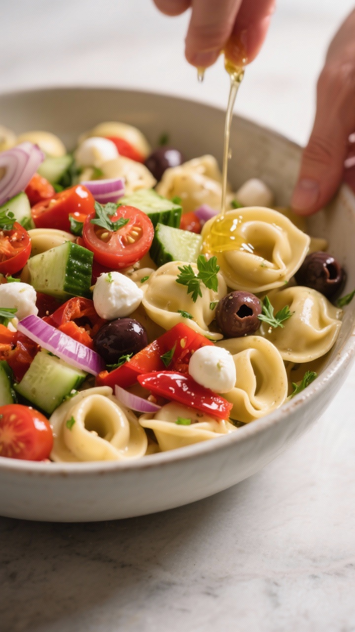 Tossing stage: Three-quarter angle, large mixing bowl filled with cooled tortellini, halved cherry t