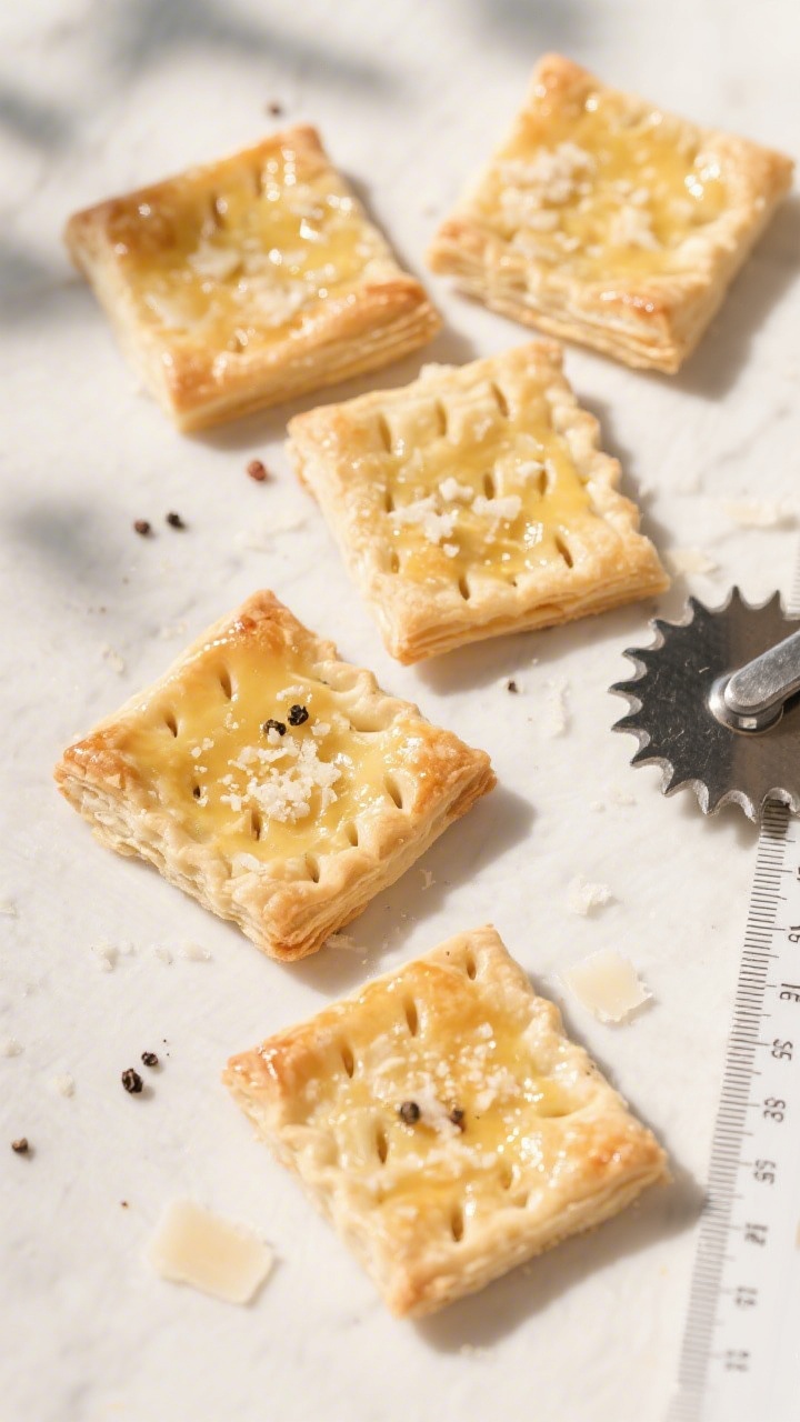 5 inch squares with a fluted pastry wheel, some pieces brushed with glossy egg wash and dusted with