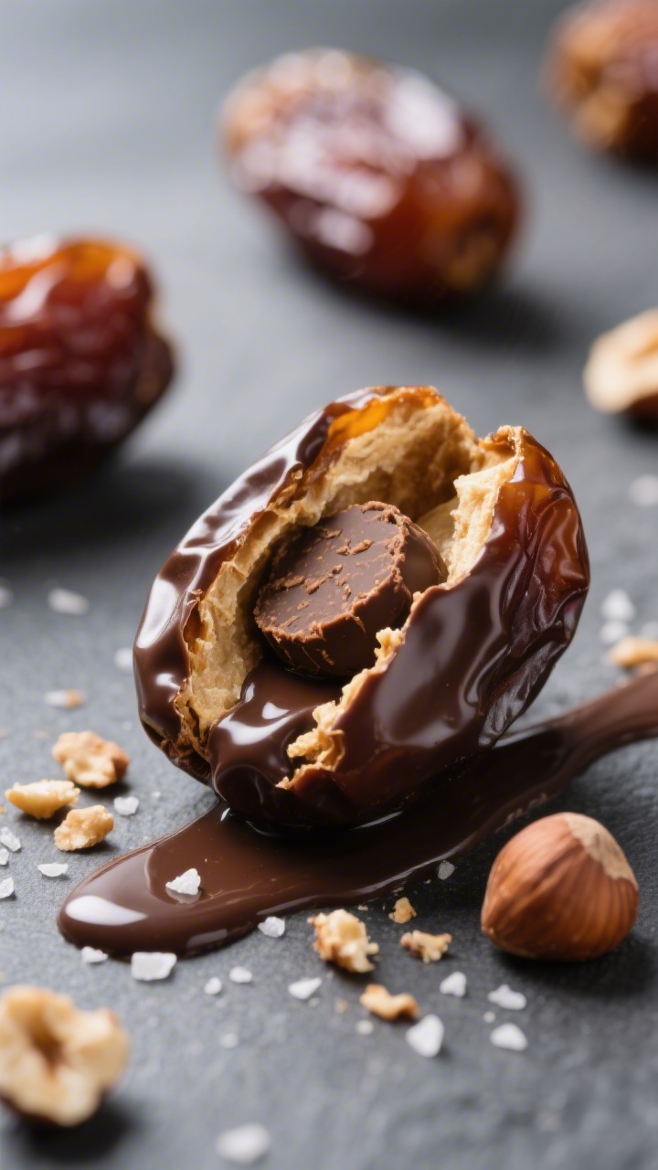 Close-up detail: A Ferrero Rocher–stuffed Medjool date nestled open with the halved truffle visibl