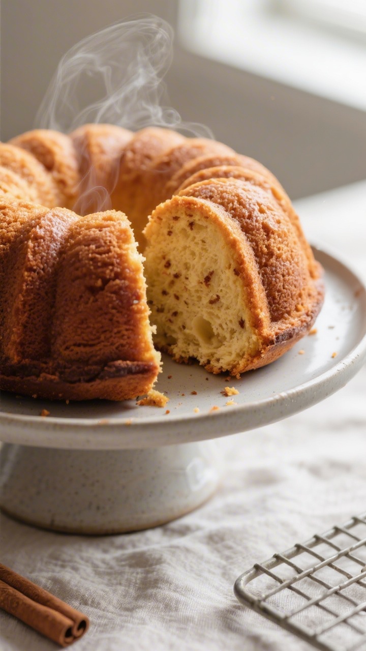 Close-up detail: A freshly baked Banana Bundt cake just out of the pan, golden-brown crust with a so