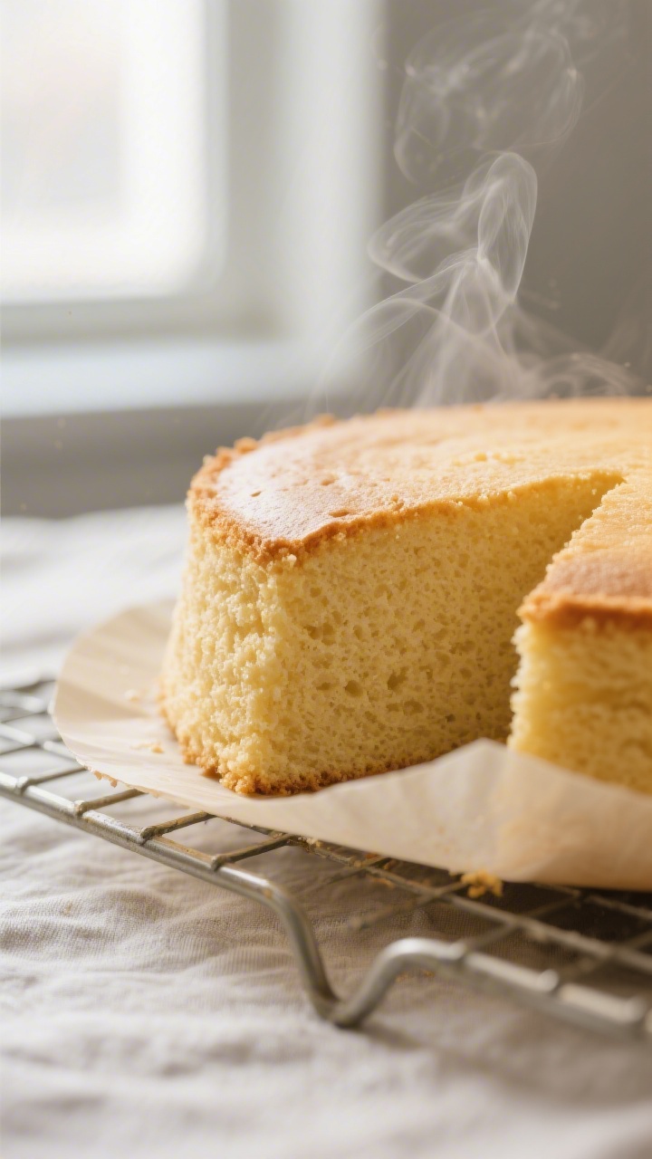 Close-up detail: A freshly baked vanilla sponge cake layer just out of the pan, golden crust with fi