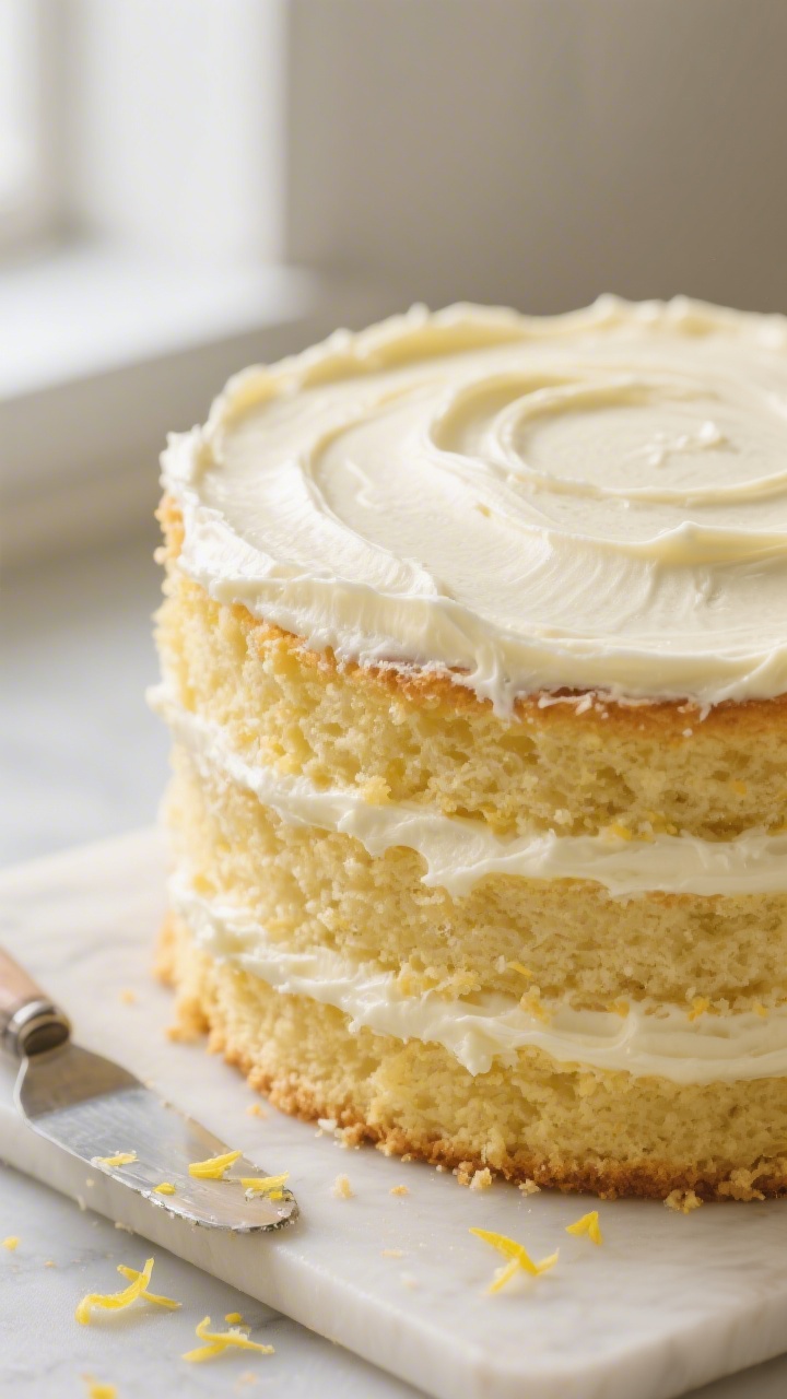 Close-up detail: A freshly frosted three-layer lemon cake mid “crumb coat,” with a thin veil of