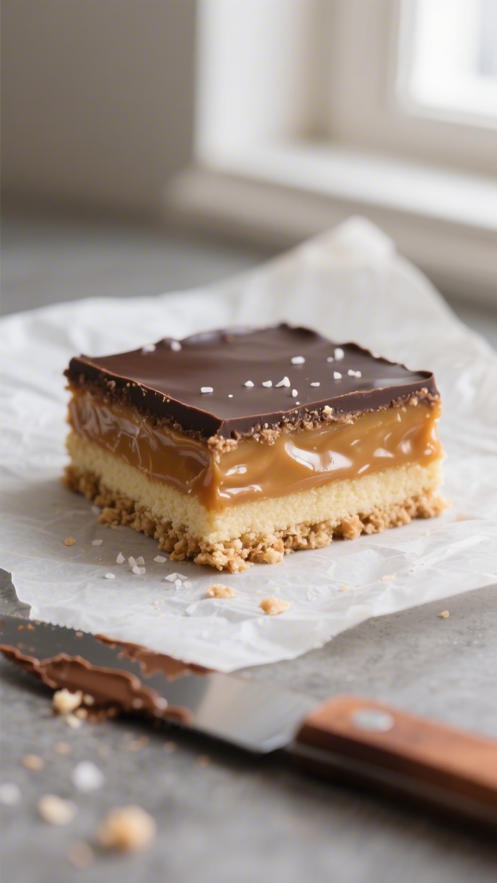 Close-up detail: A freshly sliced Vegan Millionaire’s Shortbread square on parchment, showcasing d