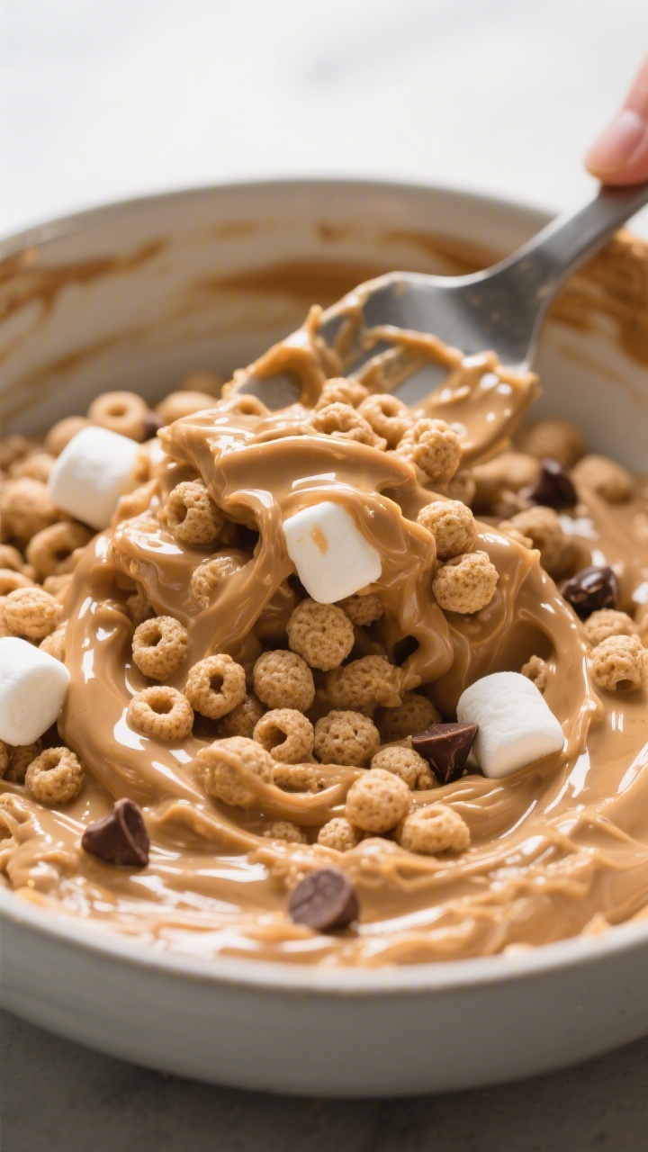 Close-up detail: A glossy, just-mixed mound of Reese’s Puffs Marshmallow Treats being gently folde